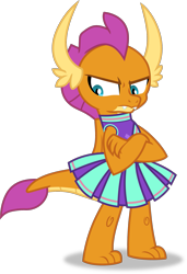 Size: 1309x1917 | Tagged: safe, artist:frownfactory, character:smolder, species:dragon, episode:2-4-6 greaaat, .svg available, cheerleader, cheerleader smolder, clothing, crossed arms, cute, dragoness, female, frown, horns, pleated skirt, simple background, skirt, smolderbetes, solo, svg, transparent background, vector, wings
