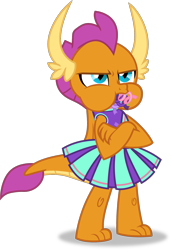 Size: 1309x1917 | Tagged: safe, alternate version, artist:frownfactory, character:smolder, species:dragon, episode:2-4-6 greaaat, .svg available, cheerleader, cheerleader smolder, clothing, confetti, crossed arms, cute, dragoness, female, frown, full mouth, horns, pleated skirt, puffy cheeks, simple background, skirt, smolderbetes, solo, streamers, svg, transparent background, vector, wings