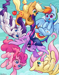 Size: 1200x1527 | Tagged: safe, artist:dawnfire, character:applejack, character:fluttershy, character:pinkie pie, character:rainbow dash, character:rarity, character:twilight sparkle, character:twilight sparkle (alicorn), species:alicorn, species:earth pony, species:pegasus, species:pony, species:unicorn, apple, blep, colored pupils, cute, dashabetes, dawwww, diapinkes, eye clipping through hair, eyeshadow, falling, female, food, hnnng, jackabetes, makeup, mane six, mare, one eye closed, open mouth, raribetes, shyabetes, smiling, tongue out, twiabetes