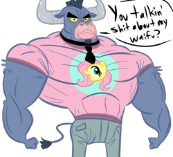 Size: 770x700 | Tagged: safe, artist:tess, character:fluttershy, character:iron will, species:minotaur, ship:ironshy, clothing, female, frown, male, muscles, necktie, shipping, shirt, solo, straight, vulgar, waifu