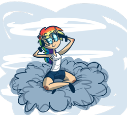 Size: 880x800 | Tagged: dead source, safe, artist:tess, character:rainbow dash, species:human, armpits, clothing, cloud, compression shorts, female, fingerless gloves, gloves, goggles, humanized, sitting, skinny, smiling, solo