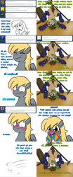 Size: 1562x3760 | Tagged: safe, artist:jitterbugjive, character:derpy hooves, character:doctor whooves, character:time turner, species:pony, lovestruck derpy, ask, blushing, clothing, featureless crotch, goggles, lamp, necktie, piledriver, socks, striped socks, table, tumblr