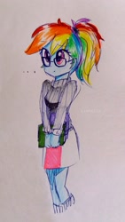 Size: 1512x2688 | Tagged: safe, artist:liaaqila, character:rainbow dash, my little pony:equestria girls, adorkable, alternate hairstyle, clothing, cute, dashabetes, dork, female, glasses, miniskirt, moe, ponytail, rainbow dork, schoolgirl, simple background, skirt, socks, solo, sweater, traditional art, weapons-grade cute, white background