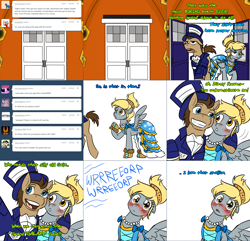 Size: 2344x2255 | Tagged: safe, artist:jitterbugjive, character:derpy hooves, character:doctor whooves, character:time turner, species:earth pony, species:pegasus, species:pony, lovestruck derpy, ship:doctorderpy, blushing, clothing, doctor who, dress, female, hat, male, shipping, straight, suit, tardis, tardis console room, tardis control room, the doctor, top hat