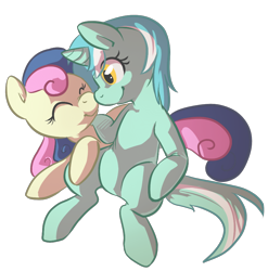 Size: 848x860 | Tagged: safe, artist:php27, character:bon bon, character:lyra heartstrings, character:sweetie drops, species:earth pony, species:pony, species:unicorn, ship:lyrabon, boop, female, lesbian, mare, noseboop, prone, shipping, simple background, sitting, smiling, transparent background