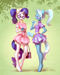 Size: 2067x2610 | Tagged: safe, artist:holivi, character:rarity, character:trixie, species:anthro, species:pony, species:unguligrade anthro, species:unicorn, camping outfit, cellphone, clothing, dress, duo, female, glasses, high res, legs, mare, phone, purse, smartphone