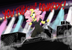 Size: 1920x1324 | Tagged: safe, artist:flutterthrash, character:fluttershy, species:anthro, g4, concert, dialogue, female, lights, mare, microphone, signature, solo, stage, text, vulgar, wingless, wingless anthro
