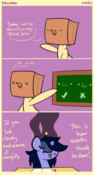 Size: 1064x1977 | Tagged: safe, artist:kimjoman, oc, oc only, oc:paper bag, oc:purple flix, species:pony, species:unicorn, chalkboard, comic, cute, derp, faec, female, fire, male, notebook, paper bag, pencil, school, smoke, solo, text, tongue out, woll smoth