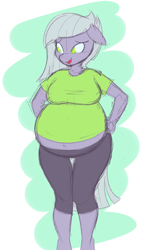 Size: 1310x2140 | Tagged: safe, artist:funble, character:limestone pie, species:anthro, species:unguligrade anthro, bashful, belly, big belly, breasts, midriff, pregnant, pregnant limestone, smiling, when she smiles