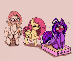 Size: 2000x1666 | Tagged: safe, artist:miokomata, character:fluttershy, oc, oc:dazzling talents, oc:summer peach, species:alicorn, species:pegasus, species:pony, alicorn oc, behaving like a cat, bipedal, blushing, coat markings, colored hooves, cross-popping veins, desperation, litterbox, need to pee, omorashi, potty emergency, potty time, puffy cheeks, simple background