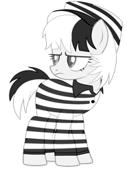Size: 1656x2232 | Tagged: safe, artist:lazuli, artist:rukemon, base used, oc, oc only, oc:bad karma, species:earth pony, species:pony, clothing, commission, female, hat, jumpsuit, mare, prison outfit, prison stripes, prisoner, simple background, solo, transparent background
