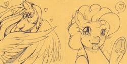 Size: 1033x523 | Tagged: safe, artist:longinius, character:pinkie pie, character:princess celestia, species:alicorn, species:pony, licking, sticky note, tongue out, traditional art