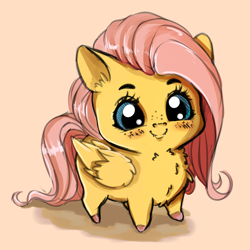 Size: 1800x1800 | Tagged: safe, artist:miokomata, character:fluttershy, chest fluff, chibi, colored hooves, cute, cute little fangs, fangs, female, freckles, orange background, shyabetes, simple background, solo, wing fluff