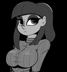 Size: 2120x2272 | Tagged: safe, artist:paskanaakka, derpibooru original, character:maud pie, my little pony:equestria girls, black background, breasts, bust, busty maud pie, clothing, female, lidded eyes, monochrome, simple background, solo, sweater