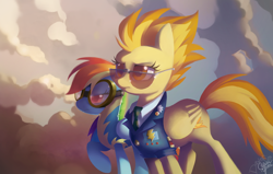 Size: 1650x1050 | Tagged: safe, artist:dawnfire, character:rainbow dash, character:spitfire, aviator goggles, cloud, cloudy, colored pupils, duo, goggles, raised hoof, signature, sunglasses, wonderbolt trainee uniform