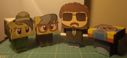 Size: 1500x690 | Tagged: safe, artist:grapefruitface1, derpibooru original, character:daring do, species:human, species:pony, arts and crafts, collection, craft, crossover, cubeecraft, electric light orchestra, irl, jeff lynne, papercraft, photo, spaceship