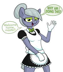 Size: 2113x2388 | Tagged: safe, artist:moonatik, character:limestone pie, species:anthro, species:earth pony, species:pony, apron, bedroom eyes, bow tie, bun, clothing, dialogue, eyeshadow, female, gloves, hair bun, maid, makeup, mare, master, open mouth, simple background, smiling, solo, talking to viewer, thought bubble, transparent background, uniform, waving