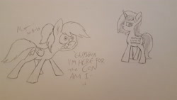 Size: 3264x1836 | Tagged: safe, artist:moonatik, oc, oc:moonatik, oc:sign, species:pegasus, species:pony, species:unicorn, anyway come to trotcon, body writing, dialogue, doodle, female, glasses, lineart, male, mare, ponytail, signature, stallion, traditional art, trotcon