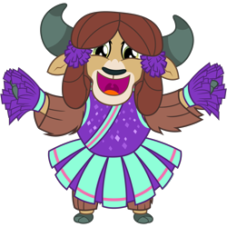 Size: 3200x3200 | Tagged: safe, artist:cheezedoodle96, character:yona, species:yak, episode:2-4-6 greaaat, .svg available, bipedal, cheering, cheerleader, cheerleader outfit, cheerleader yona, clothing, cloven hooves, cute, female, horns, looking at you, monkey swings, open mouth, pleated skirt, pom pom, simple background, skirt, smiling, solo, svg, teenager, transparent background, uvula, vector, yonadorable