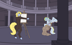 Size: 3000x1900 | Tagged: safe, artist:phenya, oc, oc only, oc:art's desire, oc:lily sky, species:anthro, species:hippogriff, species:pony, species:unguligrade anthro, species:unicorn, chair, clothing, drawing, easel, nude model, suit, tuxedo