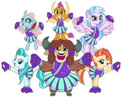 Size: 5000x4000 | Tagged: source needed, safe, artist:cheezedoodle96, character:lighthoof, character:ocellus, character:shimmy shake, character:silverstream, character:smolder, character:yona, species:changeling, species:classical hippogriff, species:dragon, species:earth pony, species:hippogriff, species:pony, species:reformed changeling, species:yak, episode:2-4-6 greaaat, .svg available, balancing, cheering, cheerleader, cheerleader ocellus, cheerleader outfit, cheerleader silverstream, cheerleader smolder, cheerleader yona, clothing, cloven hooves, cute, diaocelles, diastreamies, dragoness, female, flying, group, lightorable, looking at you, mare, monkey swings, pleated skirt, pom pom, shakeabetes, simple background, skirt, smiling, smolderbetes, svg, transparent background, vector, yonadorable