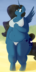 Size: 1260x2500 | Tagged: safe, artist:lupin quill, character:princess luna, species:anthro, species:unguligrade anthro, bbw, beach, belly, belly button, big breasts, bikini, bikini bottom, bikini top, breasts, busty princess luna, chubby, cleavage, clothing, fat, female, fupa, plump, princess moonpig, solo, spread wings, swimsuit, thighs, thunder thighs, tight clothing, wide hips, wings