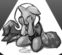 Size: 900x799 | Tagged: dead source, safe, artist:fauxsquared, character:trixie, species:anthro, species:pony, species:unicorn, cape, clothing, crying, female, hat, horn, monochrome, sad, solo, trixie's cape, trixie's hat
