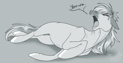 Size: 1500x765 | Tagged: safe, artist:sunny way, patreon reward, rcf community, oc, species:earth pony, species:pony, black and white, female, grayscale, mare, monochrome, on side, open mouth, patreon, solo, yawn