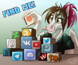 Size: 1200x1000 | Tagged: safe, artist:sunny way, rcf community, oc, oc:sunny way, species:anthro, species:pegasus, species:pony, advertisement, cube, female, horse, link in description, mare, patreon, patreon logo, smiling, solo, tongue out, website