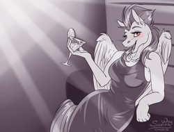Size: 1316x1000 | Tagged: safe, artist:sunny way, patreon reward, rcf community, character:stormy flare, species:anthro, species:pegasus, species:pony, bar, beautisexy, blushing, clothing, cougar, dress, female, mare, milf, older, patreon, solo, wings