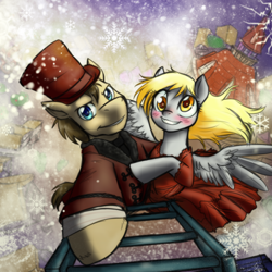 Size: 1200x1200 | Tagged: safe, artist:jitterbugjive, character:derpy hooves, character:doctor whooves, character:time turner, species:pegasus, species:pony, lovestruck derpy, ship:doctorderpy, blushing, clara oswin oswald, clothing, doctor who, dress, female, hat, ladder, male, mare, shipping, snow, snowfall, straight, tardis, the doctor, the snowmen, top hat