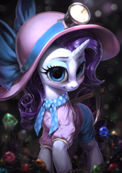 Size: 765x1080 | Tagged: safe, artist:assasinmonkey, character:rarity, species:pony, species:unicorn, episode:dragon dropped, g4, my little pony: friendship is magic, blushing, cave, clothing, cute, eyeshadow, female, gem, gem cave, headlamp, helmet, light, looking at you, makeup, mare, mining, pickaxe, raribetes, smiling, solo