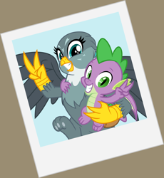 Size: 3142x3410 | Tagged: safe, artist:cheezedoodle96, character:gabby, character:spike, species:dragon, species:griffon, ship:spabby, episode:dragon dropped, g4, my little pony: friendship is magic, .svg available, female, hug, male, paw pads, paws, peace sign, photo, polaroid, pose, scene interpretation, shipping, smiling, straight, svg, toe beans, underpaw, vector, winged spike