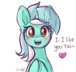 Size: 1126x1075 | Tagged: safe, artist:dsp2003, character:lyra heartstrings, species:pony, species:unicorn, blushing, comic, cute, dawwww, ear fluff, female, heart, hnnng, looking at you, lyrabetes, mare, open mouth, simple background, single panel, sketch, sweet dreams fuel, underhoof, white background