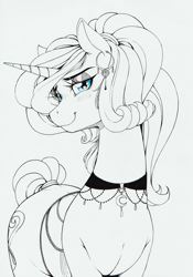 Size: 1179x1681 | Tagged: safe, artist:longinius, oc, oc only, oc:silk lace, species:pony, species:unicorn, blushing, choker, clothing, corset, cutie mark earrings, ear piercing, earring, female, jewelry, lidded eyes, lineart, looking at you, mare, monochrome, necklace, partial color, piercing, ponytail, solo, tail wrap
