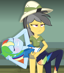 Size: 2959x3391 | Tagged: safe, artist:grapefruitface1, base used, character:daring do, character:rainbow dash, episode:daring don't, g4, my little pony: friendship is magic, my little pony:equestria girls, blushing, clothing, cute, darin do is not amused, equestria girls interpretation, faint, fainted, hat, hoodie, legs, not amused face, pants, pith helmet, scene interpretation, shorts