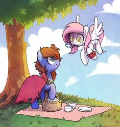 Size: 1982x2107 | Tagged: safe, artist:dawnfire, oc, oc only, oc:bizarre song, oc:sugar morning, species:pegasus, species:pony, basket, cape, clothing, couple, cute, flower, flower in mouth, flying, mouth hold, picnic, picnic basket, picnic blanket, sugarre, tree