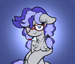 Size: 1798x1536 | Tagged: safe, artist:kimjoman, oc, oc only, oc:cinnabyte, species:earth pony, species:pony, chest fluff, commission, earth pony oc, female, fluffy, glasses, lidded eyes, mare, smiling, smug, solo, your character here
