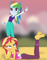 Size: 1772x2256 | Tagged: safe, artist:drawmlpalex, artist:grapefruitface1, artist:nackliza, base used, character:rainbow dash, character:sunset shimmer, episode:wake up!, g4, my little pony: equestria girls, my little pony:equestria girls, spoiler:choose your own ending (season 2), spoiler:eqg series (season 2), armpits, barefoot, clothing, feet, pants, standing on back, wake up!: rainbow dash, yoga mat, yoga pants