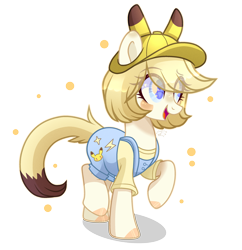 Size: 2735x2823 | Tagged: safe, artist:lazuli, artist:sugaryicecreammlp, base used, oc, oc only, oc:pika, species:earth pony, species:pony, cap, clothing, commission, crossover, eye clipping through hair, female, hat, mare, overalls, pikachu, pokémon, raised hoof, simple background, solo, transparent background