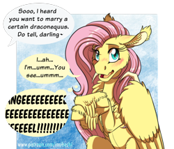 Size: 1344x1152 | Tagged: safe, artist:inuhoshi-to-darkpen, character:fluttershy, species:pony, episode:she talks to angel, g4, my little pony: friendship is magic, blushing, cute, dialogue, ear fluff, ear tufts, embarrassed, feathered fetlocks, female, fluffy, implied discord, implied discoshy, implied rarity, implied shipping, implied straight, internal screaming, offscreen character, shyabetes, solo, speech bubble, thought bubble, unshorn fetlocks, wing claws