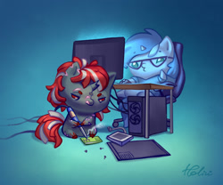 Size: 1378x1146 | Tagged: safe, artist:holivi, oc, species:pony, species:unicorn, broken horn, chibi, circuit board, commission, computer, duo, horn, soldering iron