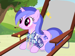 Size: 2000x1500 | Tagged: safe, artist:lazuli, character:sea swirl, species:pony, species:unicorn, background pony, blushing, chair, clothing, cute, drink, drinking straw, female, lounge chair, mare, sand, sitting, solo, swing, tree, ych result