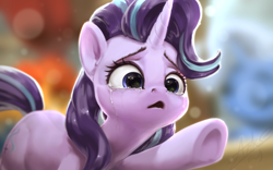 Size: 1080x675 | Tagged: safe, artist:assasinmonkey, character:starlight glimmer, character:sunburst, character:trixie, species:pony, species:unicorn, episode:a horse shoe-in, g4, my little pony: friendship is magic, :<, blurred background, crying, cute, digital art, female, frown, glimmerbetes, mare, open mouth, phyllis no!, raised hoof, reaching, reaching out, sad, sadorable, scene interpretation, solo, that was fast, underhoof