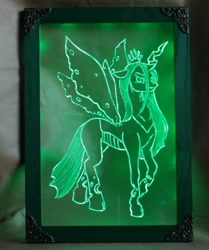 Size: 1280x1534 | Tagged: safe, artist:irfp250n, artist:longinius, character:queen chrysalis, species:changeling, species:pony, changeling queen, craft, engraving, female, led, looking at you, mare, nightlight, raised hoof, spread wings, standing, story included, wings