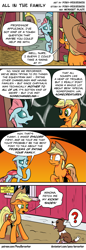 Size: 975x2819 | Tagged: safe, artist:pony-berserker, character:applejack, character:ocellus, character:winona, species:changeling, species:dog, species:earth pony, species:pony, species:reformed changeling, chalkboard, comic, confused, dialogue, female, implied applecest, implied chrysalis, implied discord, implied incest, implied shipping, ladder, mare, oblivious, question mark, school of friendship, speech bubble, sweet apple acres, this will end in pain, this will not end well