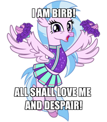 Size: 600x686 | Tagged: safe, artist:cheezedoodle96, character:silverstream, species:classical hippogriff, species:hippogriff, episode:2-4-6 greaaat, arms spread out, birb, caption, cheering, cheerleader, cheerleader outfit, cheerleader silverstream, clothing, cute, diastreamies, female, flying, happy, horsebird, image macro, looking at you, lord of the rings, moe, open mouth, pleated skirt, pom pom, shirt, simple background, skirt, solo, spread wings, text, transparent background, vector, wings