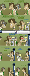 Size: 1502x3758 | Tagged: safe, artist:jitterbugjive, character:derpy hooves, character:doctor whooves, character:time turner, species:pony, lovestruck derpy, blushing, clothing, doctor who, goggles, hug, ponidox, self ponidox, shirt, tardis, the doctor, theenamoredclockmaker, tongue out