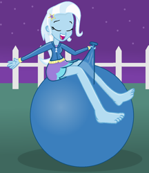 Size: 988x1142 | Tagged: safe, artist:grapefruitface1, artist:moonlight-the-pony, base used, character:trixie, my little pony:equestria girls, balloon, balloon sitting, barefoot, clothing, feet, female, fence, grass, happy, hoodie, legs, miniskirt, outdoors, sitting, skirt, solo