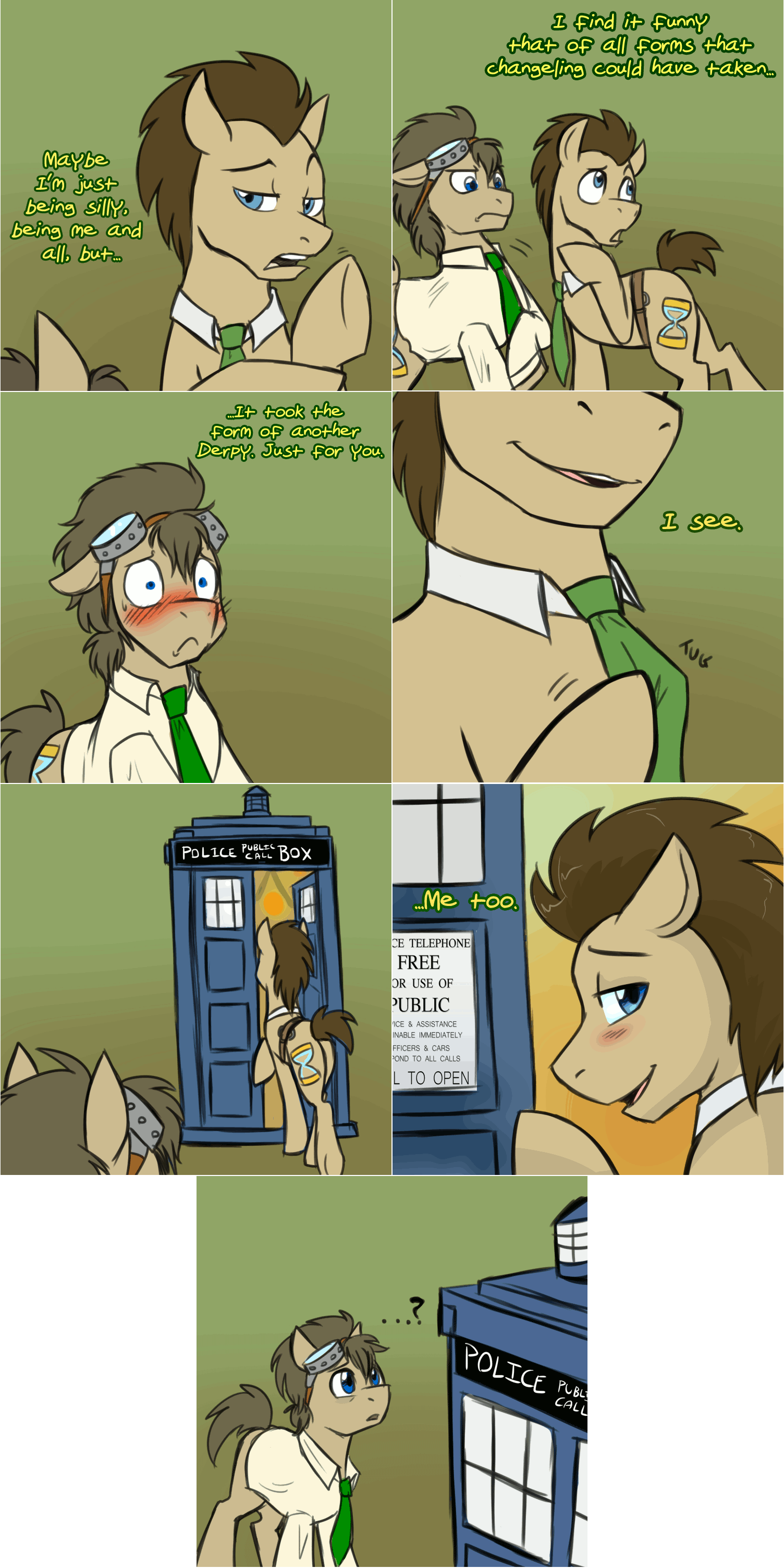 Size: 1504x3008 | Tagged: safe, artist:jitterbugjive, character:doctor whooves, character:time turner, species:pony, lovestruck derpy, animated, blushing, clothing, doctor who, gif, goggles, ponidox, self ponidox, shirt, tardis, the doctor, theenamoredclockmaker